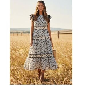 Ann Taylor 6P Blue Leopard Print Tiered Prairie Midi Dress Flutter Sleeve Lined